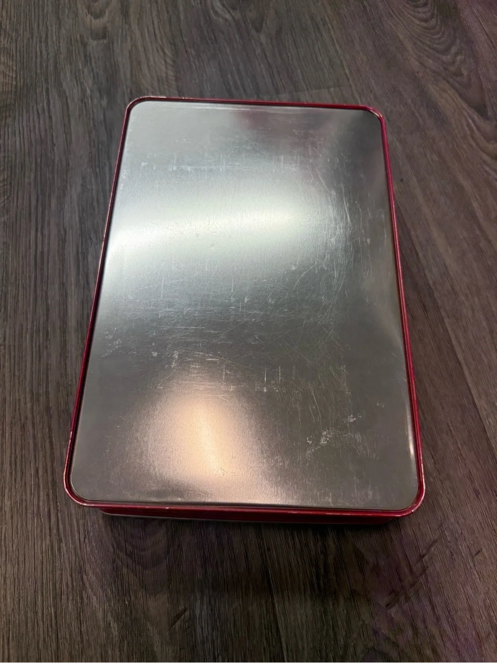 Valentino Red Metal Storage Tin with White Stripe
